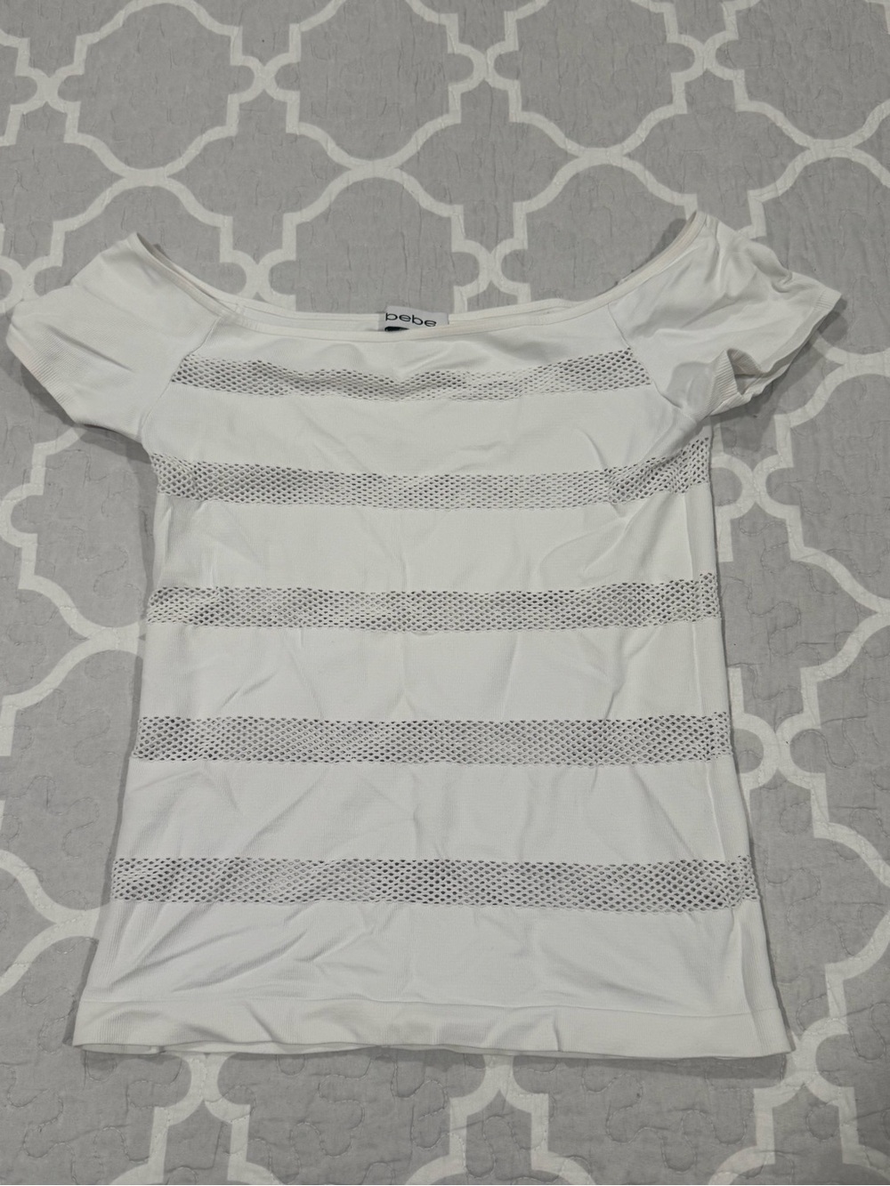bebe White Short-Sleeve Scoop Neck Mesh Stripe Top - Picture 3 of 4